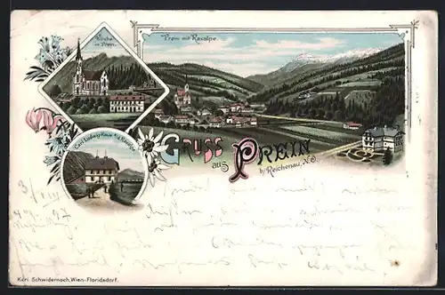 Lithographie Prein b. Reichenau, Carl Ludwig-Haus a. d. Raxalpe, Kirche, Ortsansicht