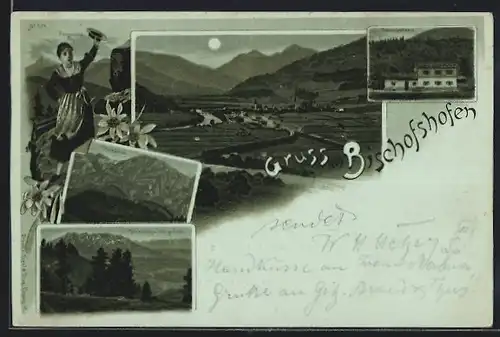 Lithographie Bischofshofen, Unterkunftshaus, Hochkönig, Frau in Tracht