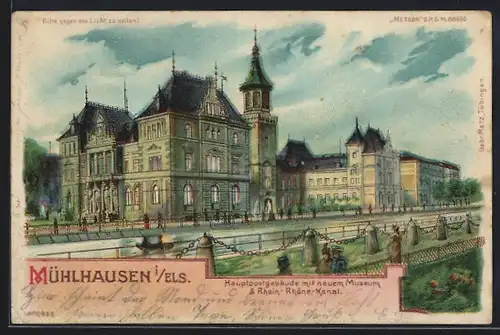 Lithographie Mülhausen i. Els., Hauptpostgebäude mit neuem Museum & Rhein-Rhône-Kanal, Halt gegen das Licht