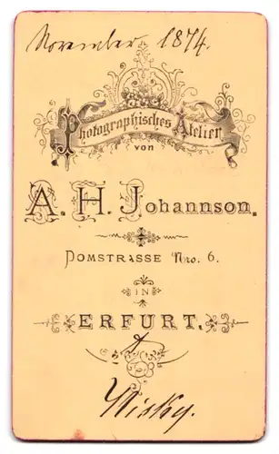 Fotografie A.H. Johannson, Erfurt, Domstr. 6, Kleinkind auf Sessel mit Spielzeugpferd