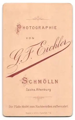 Fotografie G. F. Eichler, Schmölln, Portrait Frau an Stuhl angelehnt