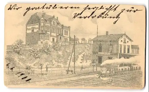 Fotografie Peter Flum, Weilburg / Lahn, Ansicht Weilburg / Lahn, Bahnhof Weilburg mit dem Atelier im Hintergrund, 1900
