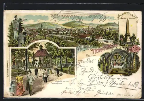 Lithographie Trautenau in Böhmen, Kapelle mit den Denkmälern, Totalansicht
