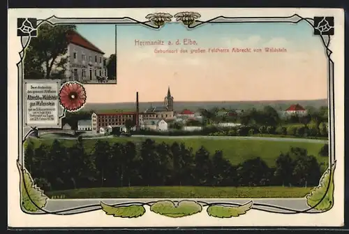 AK Hermanitz /Elbe, Geburtsort des Feldherrn Albrecht von Waldstein, Gasthaus Anton Blümel