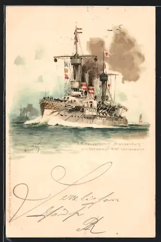 Künstler-AK Hans Bohrdt: Kriegsschiff S. M. Panzerschiff Brandenburg mit Volldampf Kiel verlassend