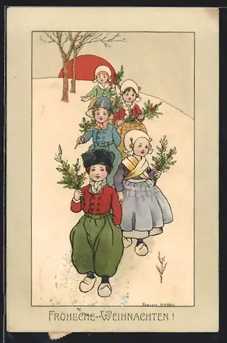 Künstler-AK Florence Hardy: Schar in Holzpantinen beim Spaziergang