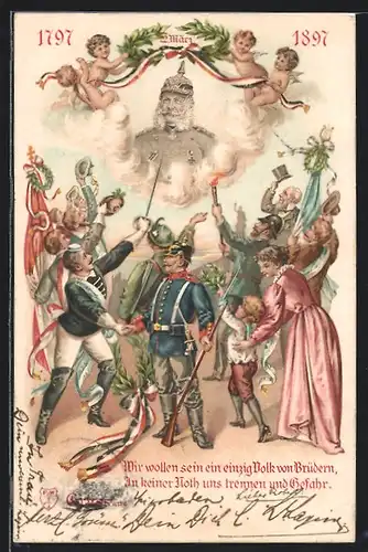 Lithographie Wir wollen sein ein einzig Volk von Brüdern..., Kaiser Wilhelm I.