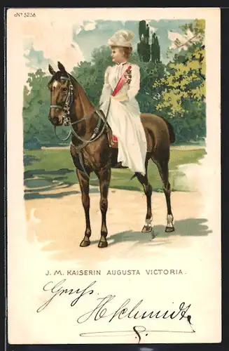 Lithographie Kaiserin Auguste Victoria Königin von Preussen auf dem Pferd