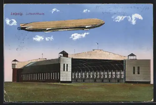 AK Leipzig, Luftschiffhalle und Zeppelin in der Luft