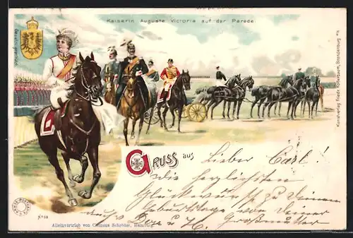 Lithographie Kaiserin Auguste Victoria Königin von Preussen auf der Parade