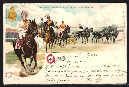 Lithographie Kaiserin Auguste Victoria Königin von Preussen auf der Parade