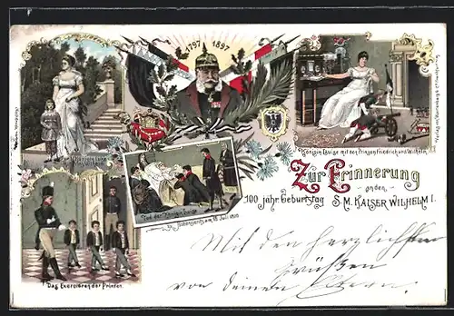 Lithographie Königin Luise von Preussen mit den Prinzen Friedrich und Wilhelm