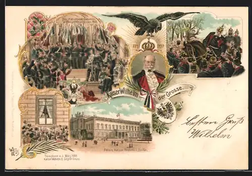 Lithographie Kaiser Wilhelm I., Kaiserproklamation 1871, Palais in Berlin, Kaiser Wilhelm I. letzter Gruss am 3. März