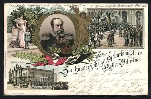 Lithographie Berlin, 100 jährige Geburtstagsfeier Kaiser Wilhelm I. 1897, Königin Luise mit Prinz Wilhelm, Schloss Berlin