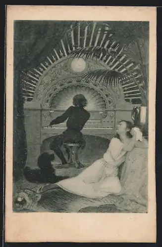 Künstler-AK Fidus: Frühmesse, Frau lauscht einem Organisten