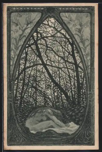 Künstler-AK Fidus: Daemmerwellen, junge Frau liegt zusammengekauert im Dickicht