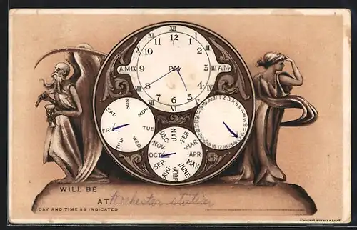 AK Uhr mit Kalender im Jugendstil