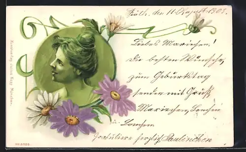 Präge-Lithographie Dame mit Blumen im Jugendstil