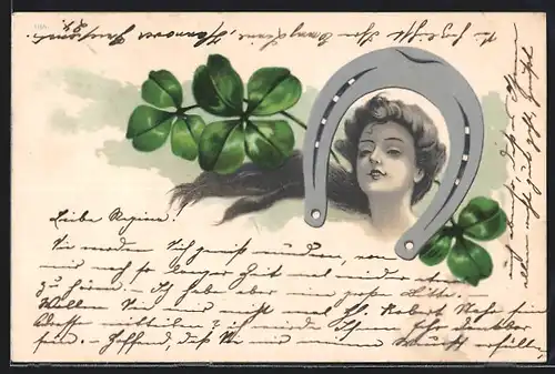 Lithographie Damenportrait mit Hufeisen, Jugendstil