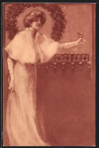 AK Dame mit Sektglas, Jugendstil