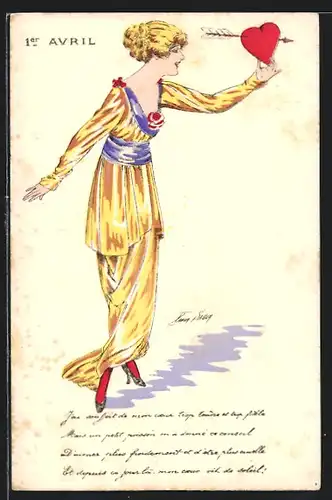 Künstler-AK Xavier Sager: 1er Avril, Dame mit Herz