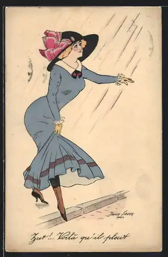 Künstler-AK Xavier Sager: Zut! Voila quìl pleut