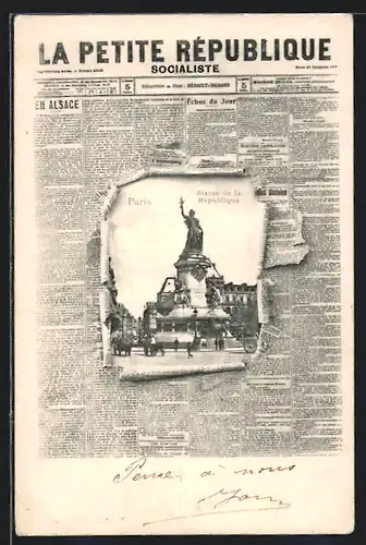 AK Paris, Zeitung La Petite République, Statue de la République