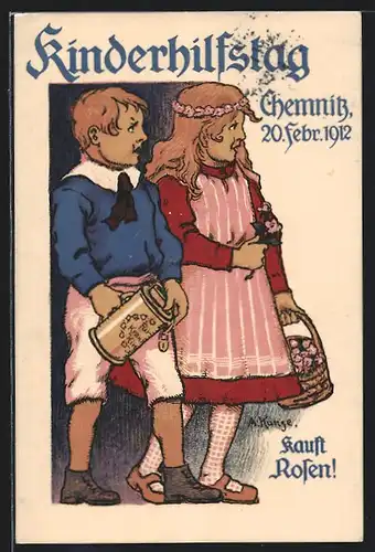 Künstler-AK Chemnitz, Kinderhilfstag 1912, Kauft Rosen, Kinderfürsorge