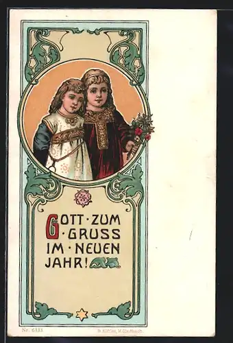 AK Mädchen mit Blumen zum neuen Jahr, Jugendstil