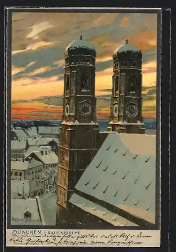 Künstler-AK Zeno Diemer: München, Frauenkirche im Schnee
