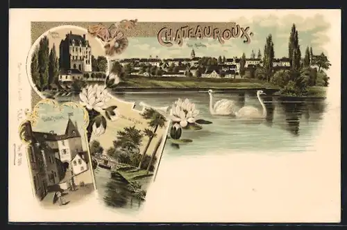 Lithographie Chateauroux, Vue Générale, Chateau Raoul, Vieille Prison, Bras de l`Indre