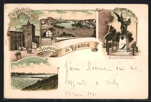Lithographie Roanne, Bassin du Canal, Monument des Combattants, L`ancien château