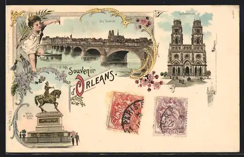 AK Orleans, Vue Générale, La Cathedrale, Satue de Jeanne d`arc