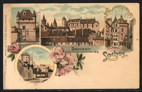 Lithographie Loches, Hotel de Ville, Le Chateau, Porte des Cordeliers, Le Donjon