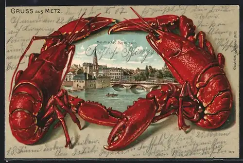 Lithographie Metz, Mittelbrücke zwischen zwei Hummern