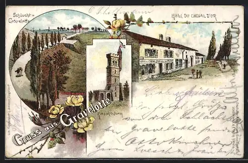 Lithographie Gravelotte, Hotel du Cheval d`Or, Aussichtsturm