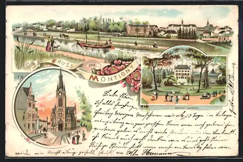 Lithographie Montigny, Blick auf Kirche, Wasserpartie mit Boot