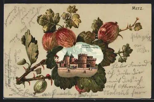 Lithographie Metz, Deutsches Thor auf Blatt