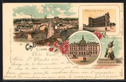 Lithographie Châlons s./Marne, L`Hôtel de monument Carnot, Vue générale