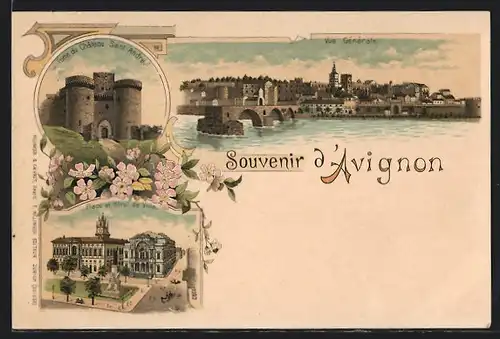 Lithographie Avignon, Place et Hôtel de Ville, Porte du Château Saint-Andre