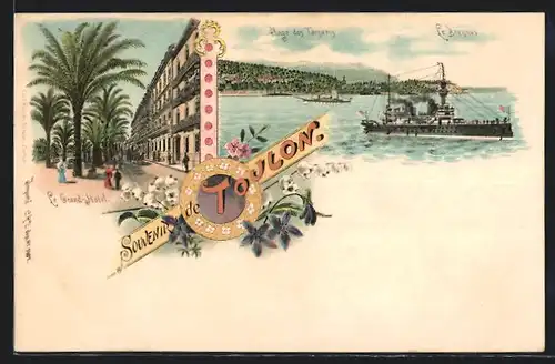 Lithographie Toulon, Plage des Tamaris, Le Grand-Hotel, Le Brennus