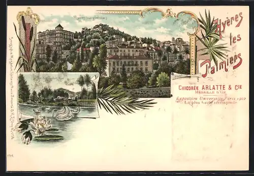 Lithographie Palmiers, Hyéres (vue générale), Dardin Zoologique