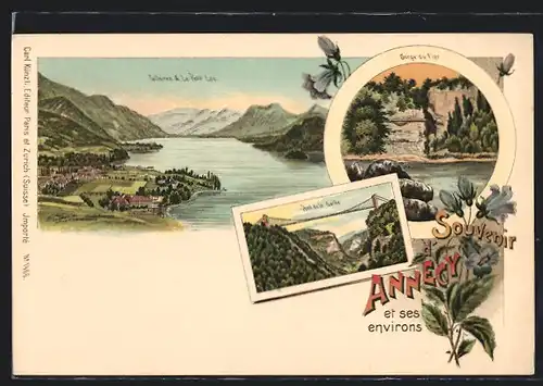 Lithographie Annecy, Gorge du Fier, Pont de la Gailie, Totalansicht aus der Vogelschau
