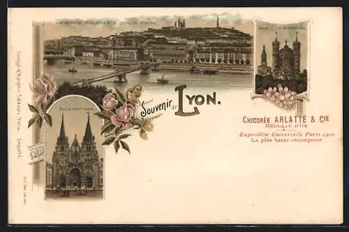 Lithographie Lyon, Eglise-Saint-Nizier, Vue générale de la Saône et du Côteau de Fourviere