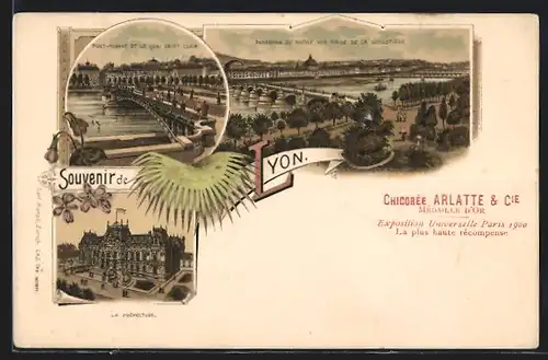 Lithographie Lyon, Pont-Morand et le Quai Saint-Clair, La Prefecture
