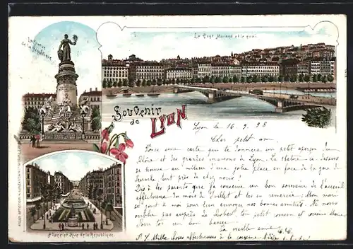 Lithographie Lyon, La Statue de la République, Place et Rue de la Republique