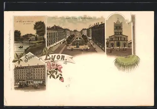 Lithographie Lyon, Grand Hôtel, Place et Rue de la Republique