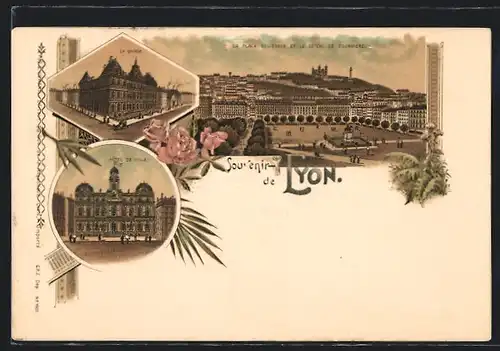 Lithographie Lyon, La Bourse, La Place Bellecour, Hôtel de Ville