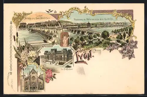 Lithographie Lyon, Le Pont, Morand et le Quai Saint-Clair, La Prefecture, Eglise St-Bonaventure, Rhone
