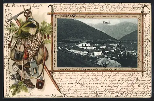 Passepartout-Lithographie Ettal, Gesamtansicht, Bergsteigerausrüstung